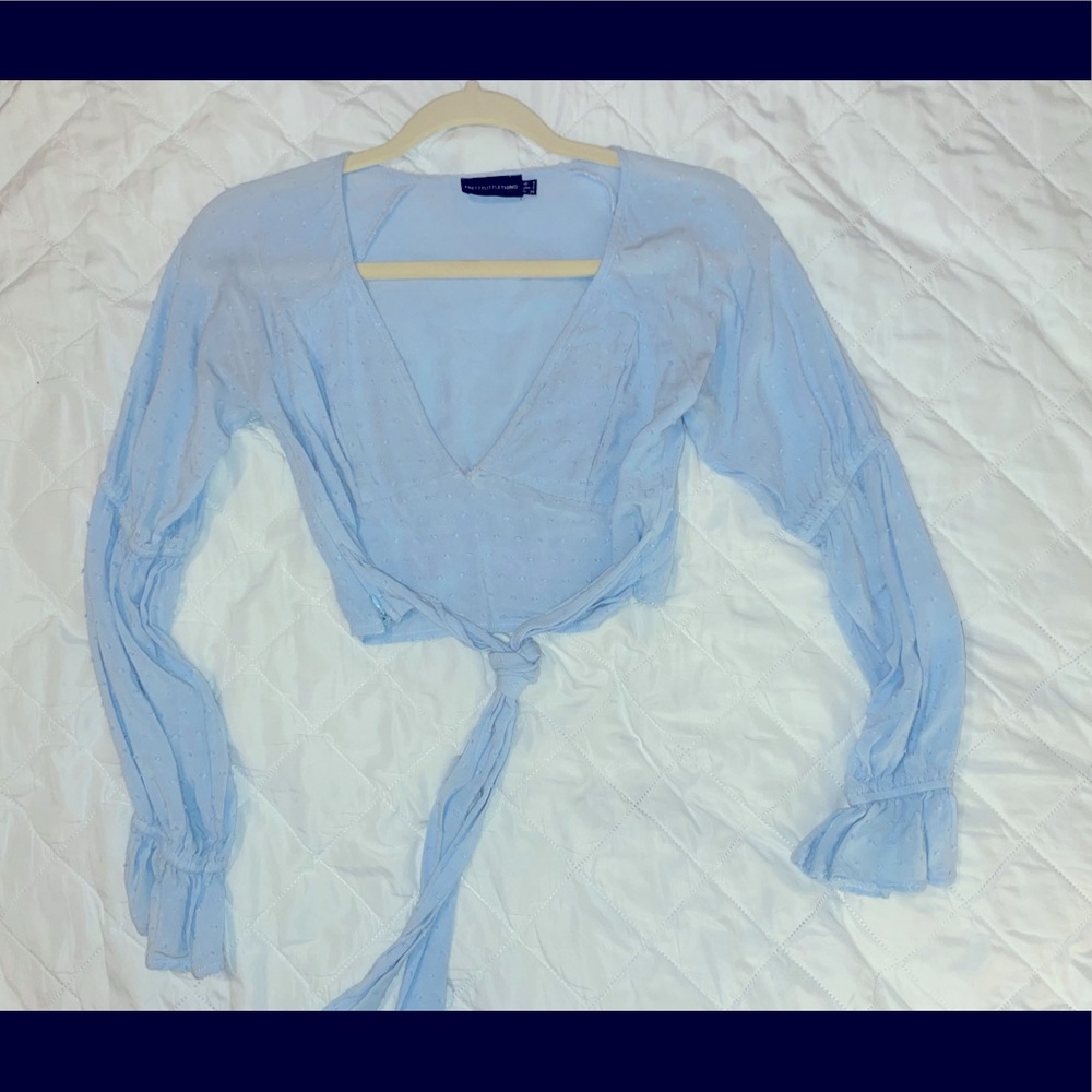 prettylittlething blue top with tie